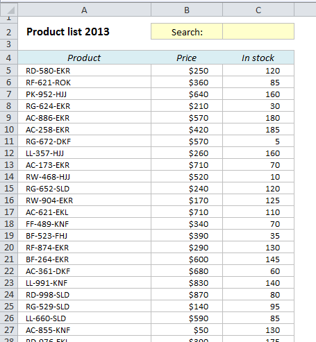 how to add search bar in excel