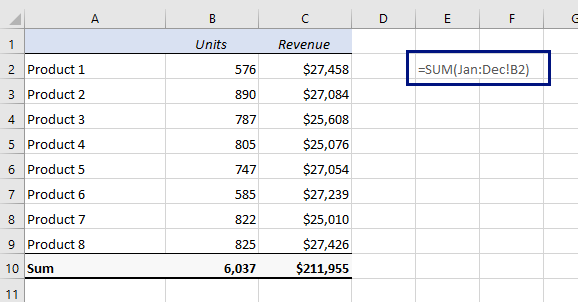 how to sum a column in excel across all sheets